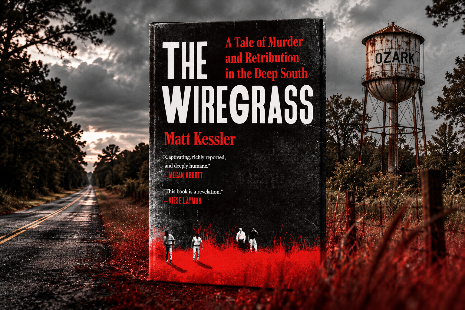 Portada de The Wiregrass, de Matt Kessler, sobre una carretera rural de Alabama con un depósito de agua de Ozark.