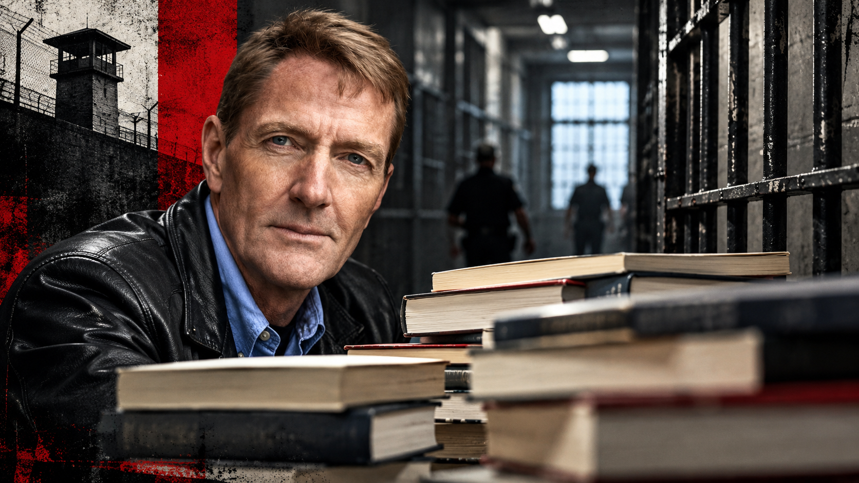 Lee Child junto a una pila de libros, con una prisión al fondo, en una composición sobre la lectura y la reinserción social.