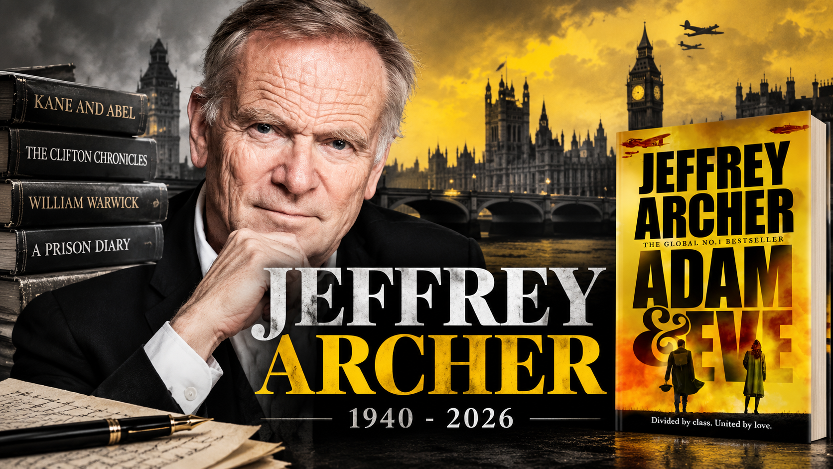 Jeffrey Archer, fallecido a los 86 años, junto a su última novela Adam & Eve
