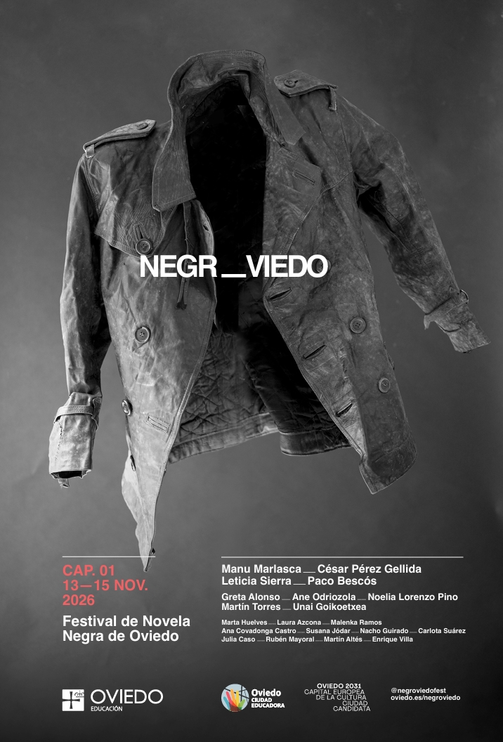 Cartel de NegrOviedo 2026 con un abrigo vacío y las fechas del Festival de Novela Negra de Oviedo, del 13 al 15 de noviembre.