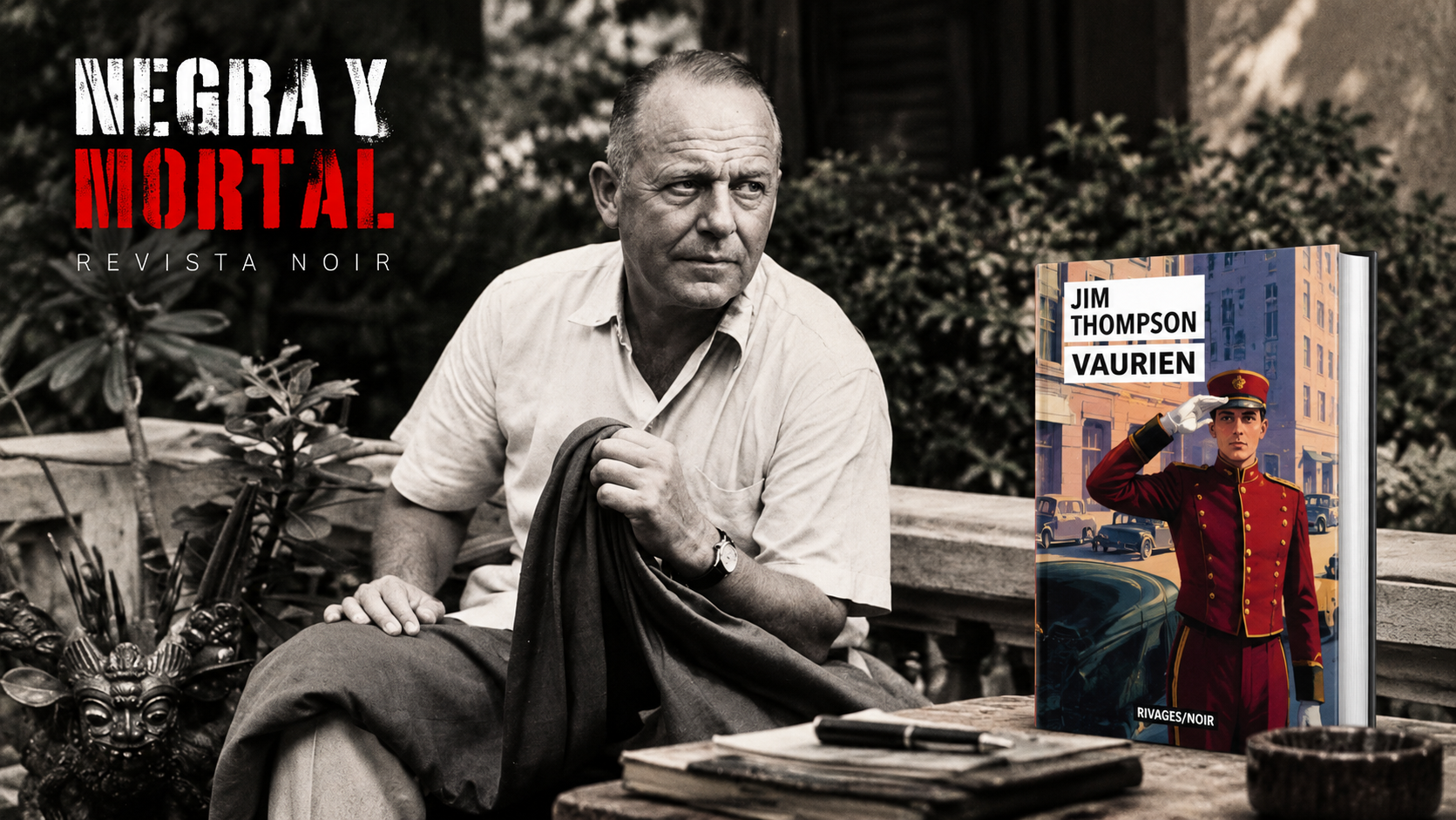 Jim Thompson junto a la portada de «Vaurien», de Rivages/Noir, en una composición de Negra y Mortal.