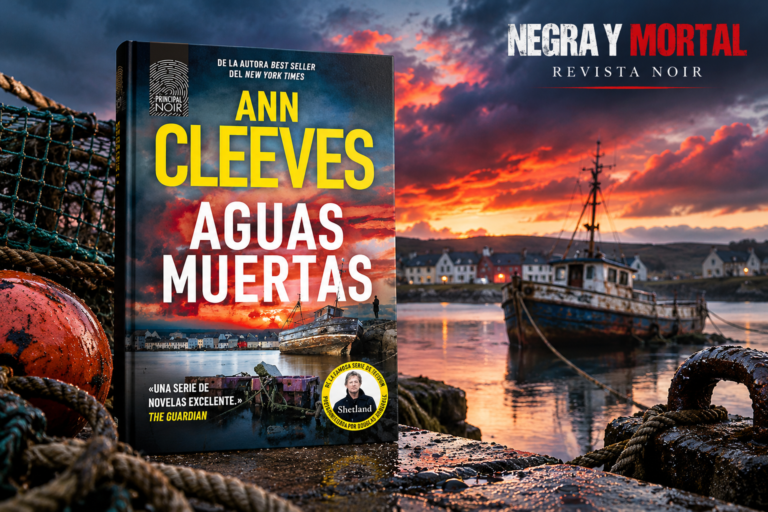 Portada de «Aguas muertas», de Ann Cleeves, sobre un paisaje portuario de las islas Shetland, con un barco pesquero al atardecer.