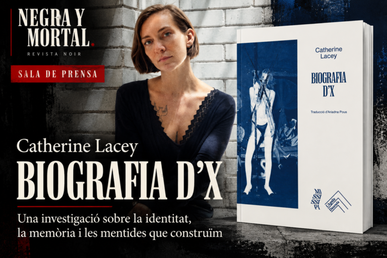 Coberta de «Biografia d’X», de Catherine Lacey, en una composició d'estètica noir per a la Sala de Premsa de Negra y Mortal.