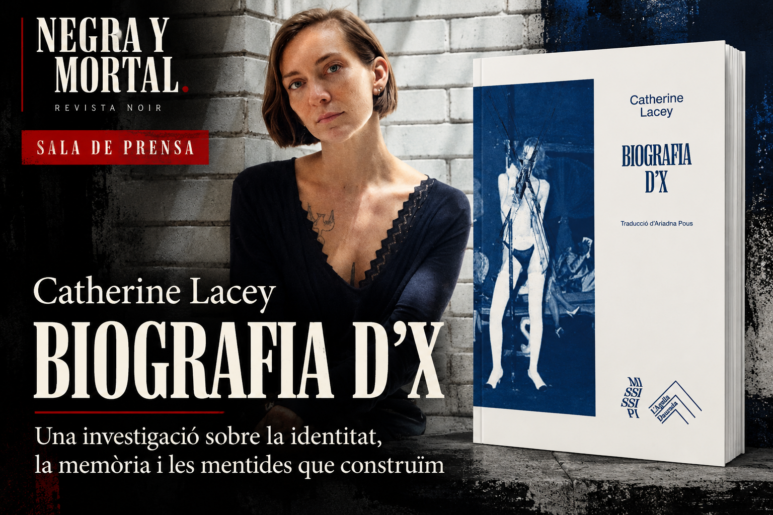 Coberta de «Biografia d’X», de Catherine Lacey, en una composició d'estètica noir per a la Sala de Premsa de Negra y Mortal.