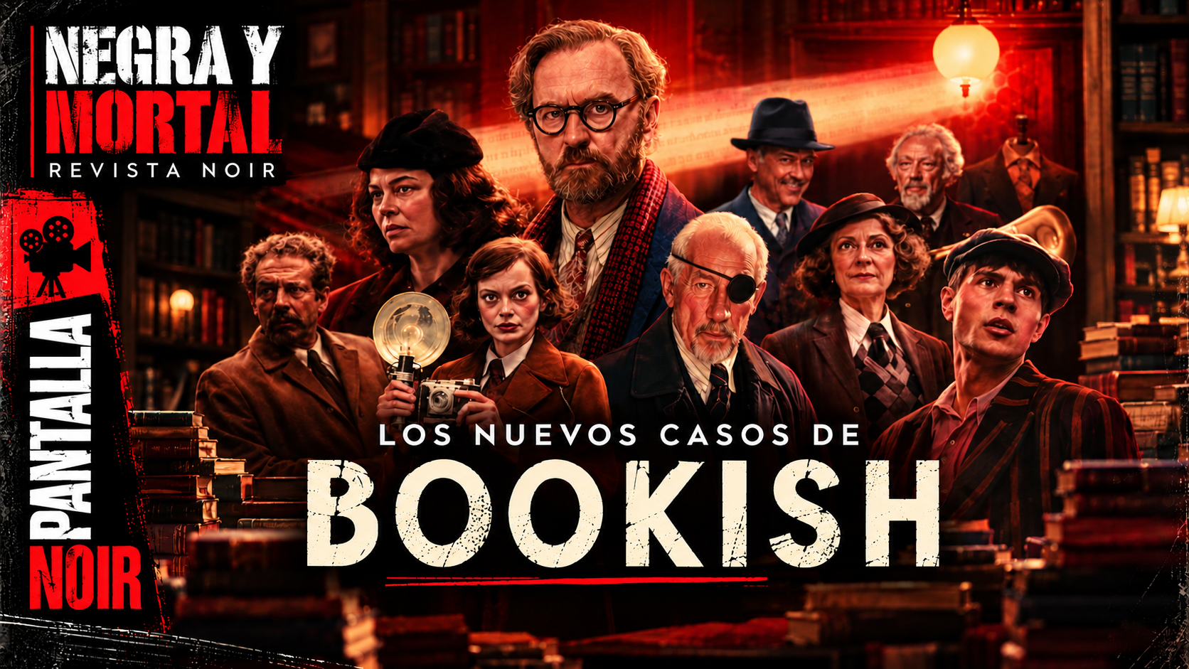 Los nuevos casos de Bookish, serie de misterio protagonizada por Mark Gatiss, en una composición de Pantalla Noir de Negra y Mortal.