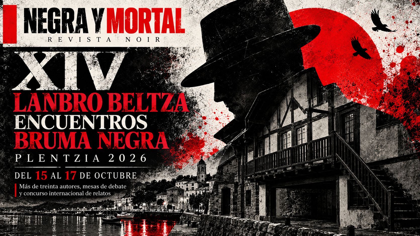 Cartel de Bruma Negra 2026 en Plentzia, con la silueta de un detective, arquitectura tradicional y las fechas del 15 al 17 de octubre.