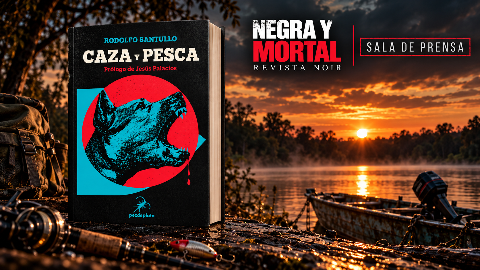 Portada de «Caza y pesca», de Rodolfo Santullo, junto a una barca en un paisaje fluvial inspirado en el río Yi de Uruguay.