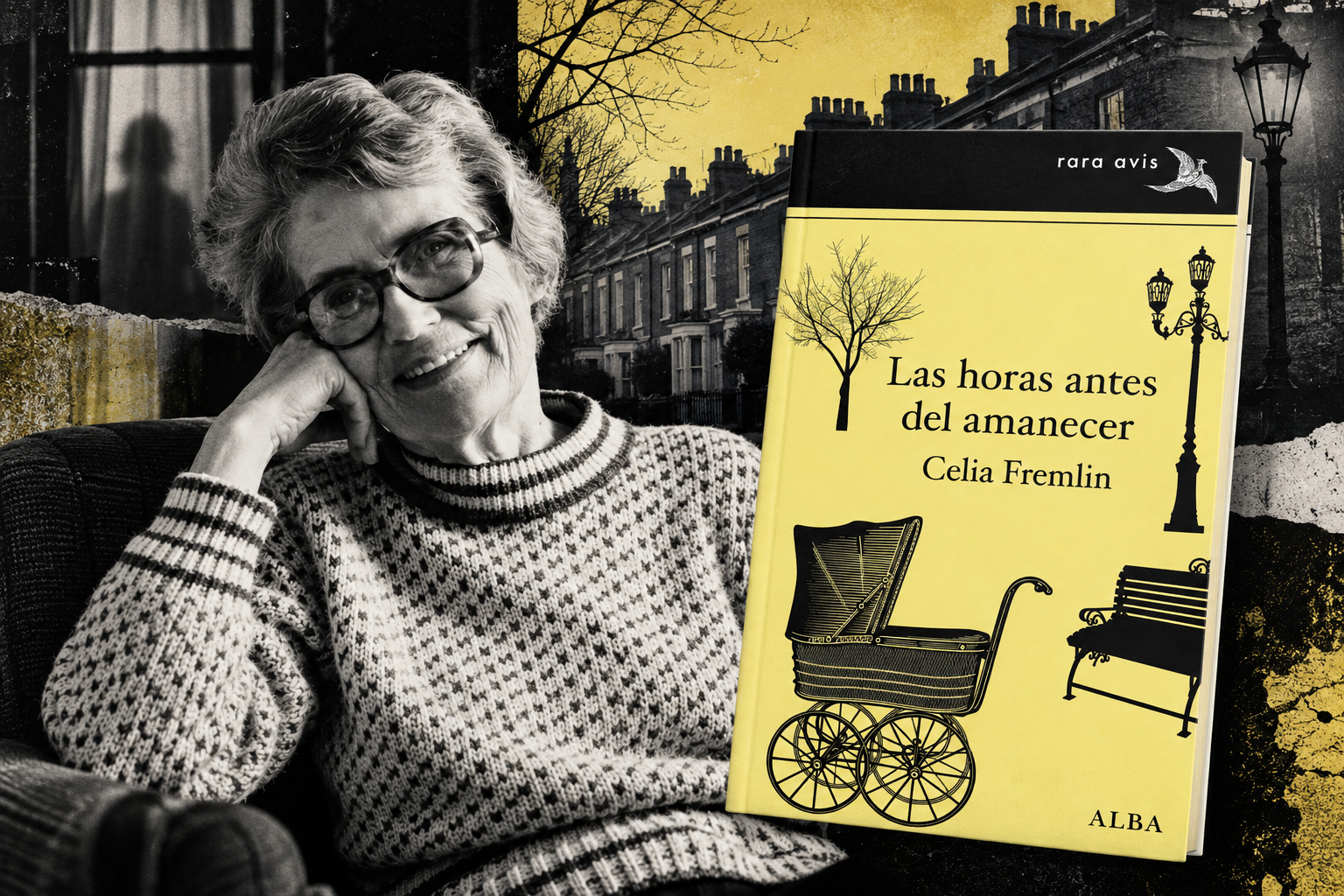Retrato de Celia Fremlin junto a la portada de «Las horas antes del amanecer», publicada por Alba Editorial.