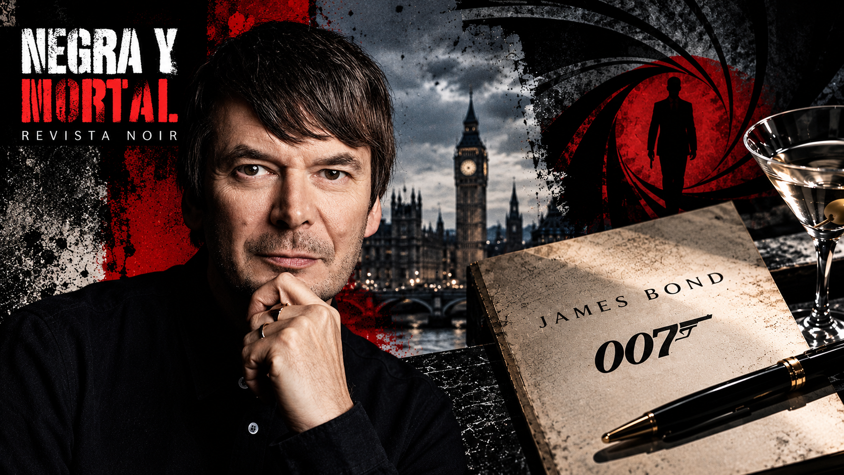 Ian Rankin junto a un expediente de James Bond 007, con Londres de fondo, en una composición de Negra y Mortal.