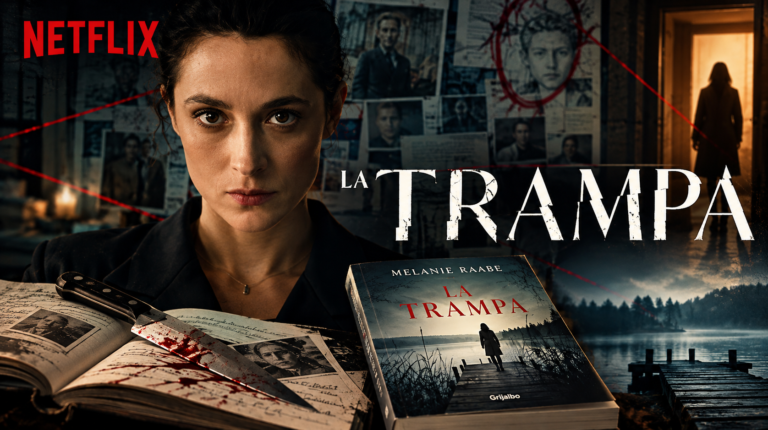La trampa, miniserie de Netflix basada en la novela de Melanie Raabe, con su protagonista, un tablero de investigación y el libro original.