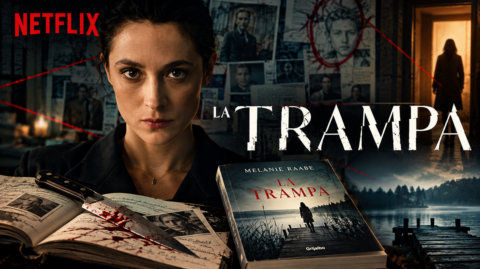 La trampa, miniserie de Netflix basada en la novela de Melanie Raabe, con su protagonista, un tablero de investigación y el libro original.