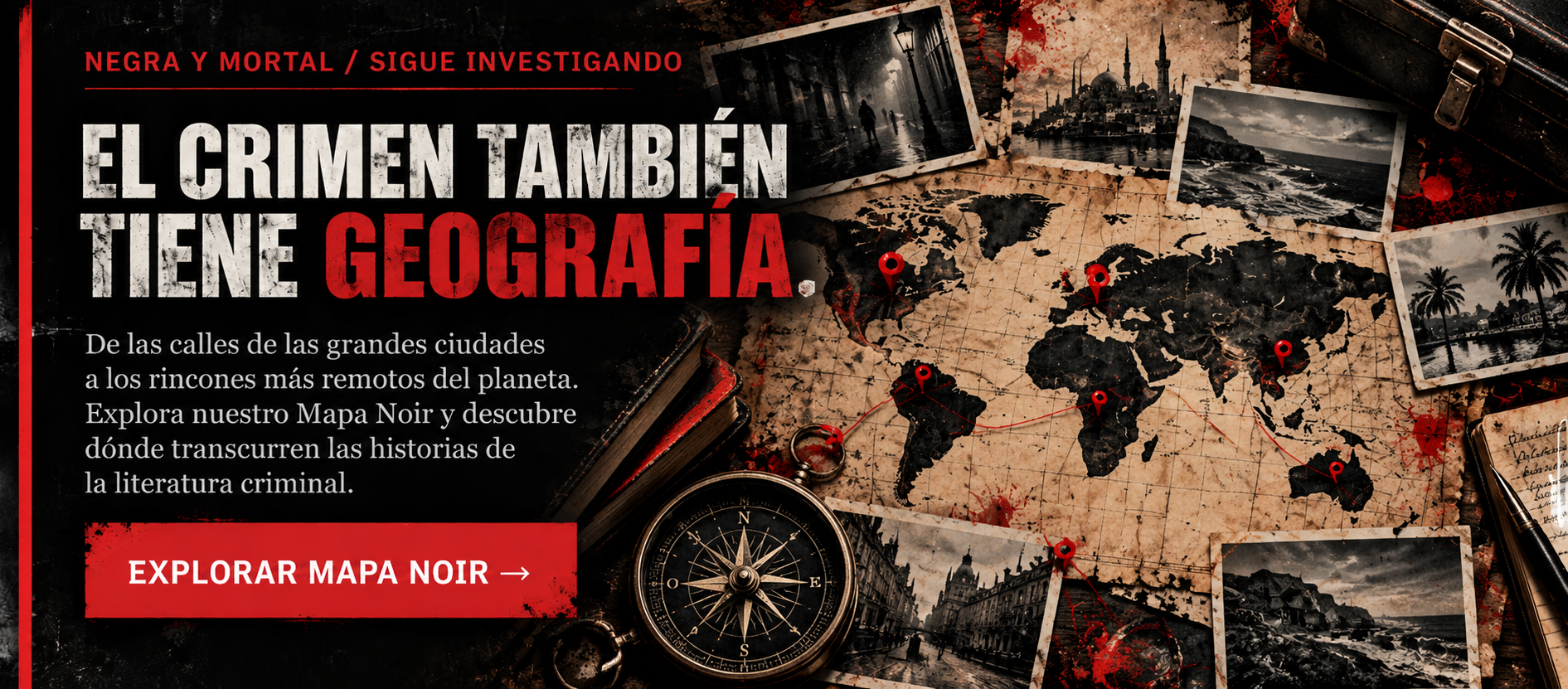 Mapa Noir de Negra y Mortal, mapa mundial con escenarios de la literatura criminal