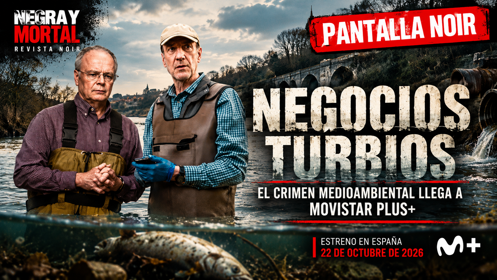 Dos investigadores en un río contaminado en la imagen destacada de «Negocios turbios», miniserie de Movistar Plus+.
