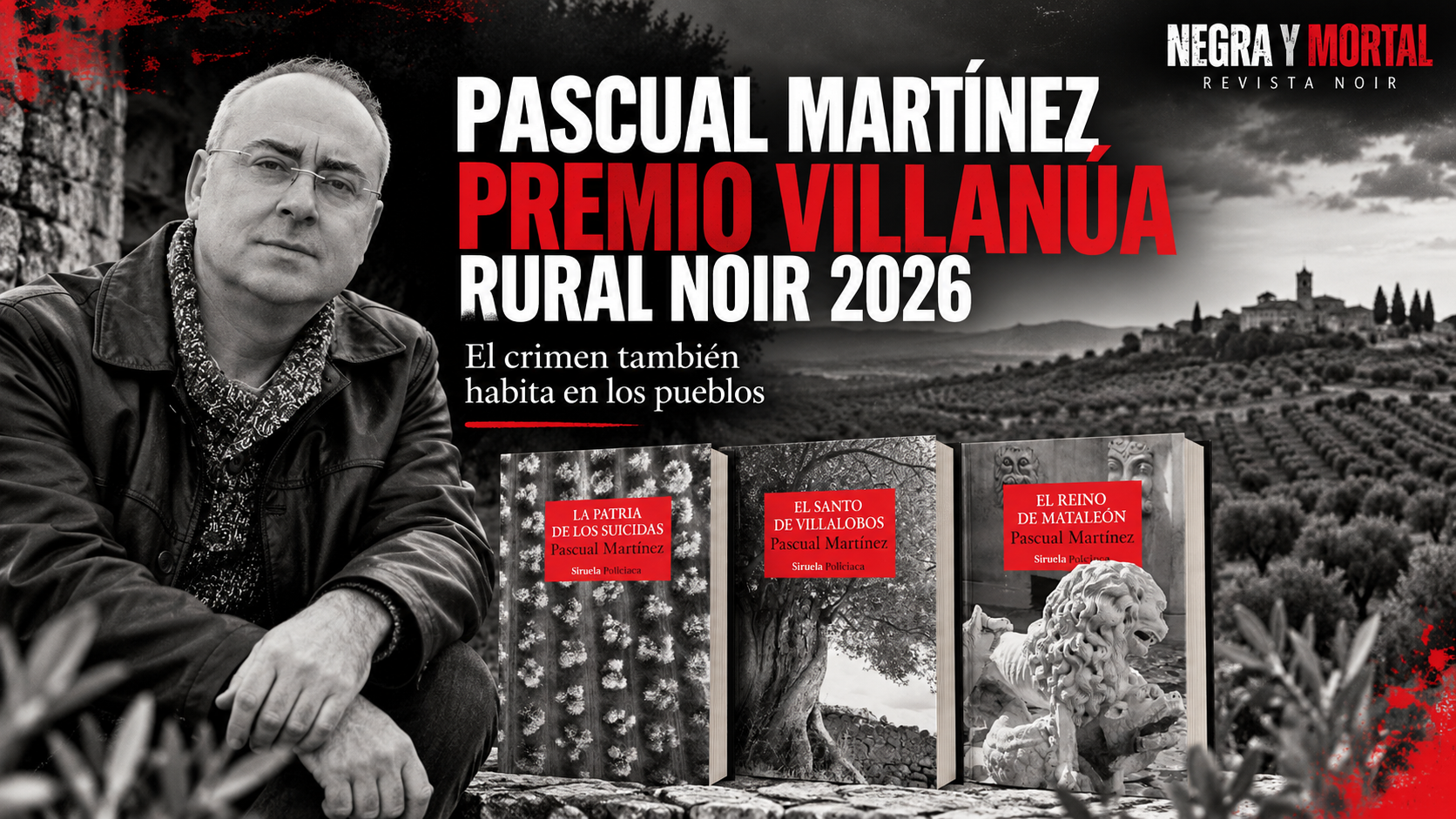 Pascual Martínez, ganador del Premio Villanúa Rural Noir 2026, junto a las portadas de su Trilogía de los Suicidas, publicada por Siruela.